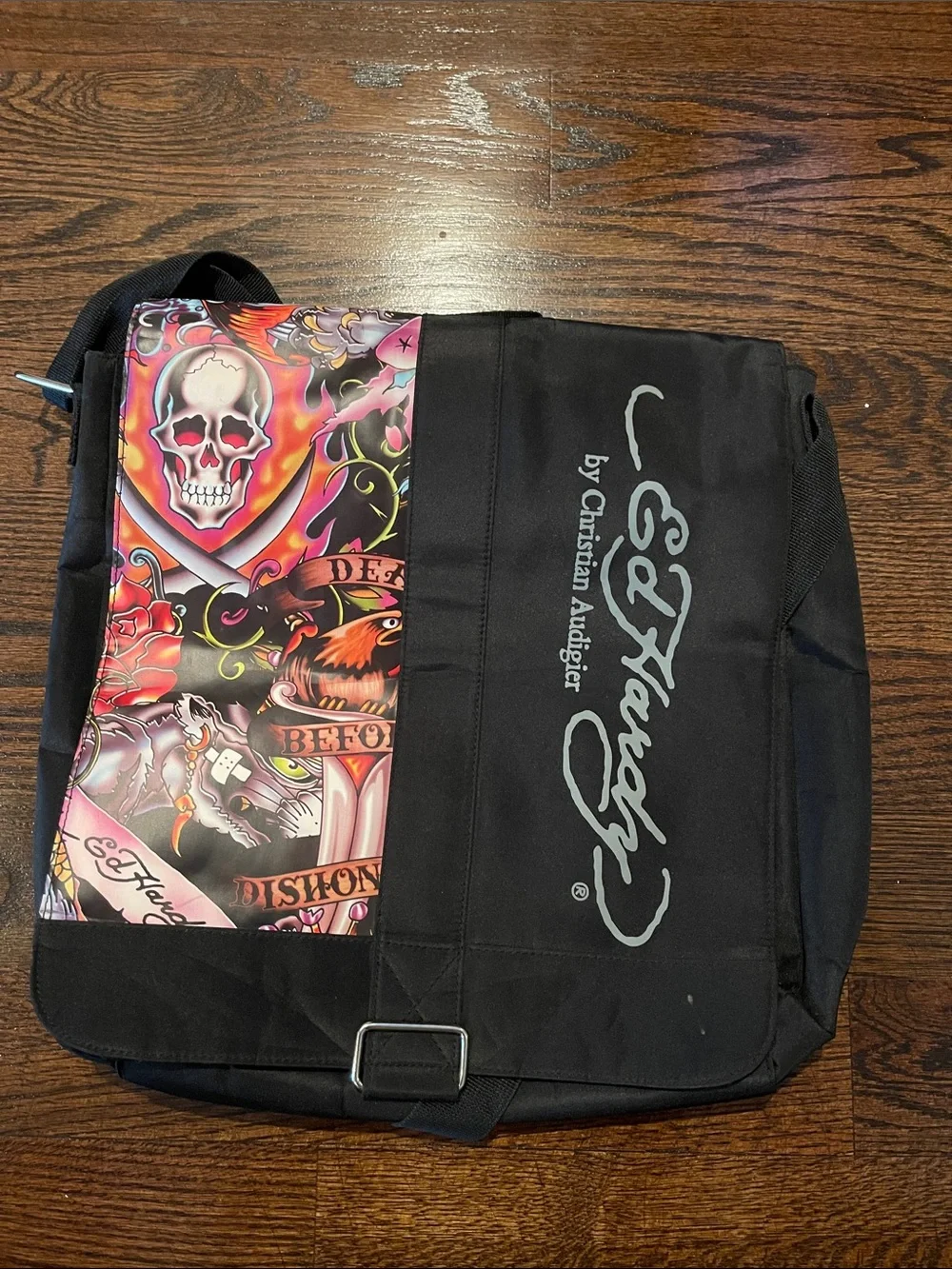 Christian Audigier Black Messenger Bag with Colorful Tattoo Graphic! Used Once!